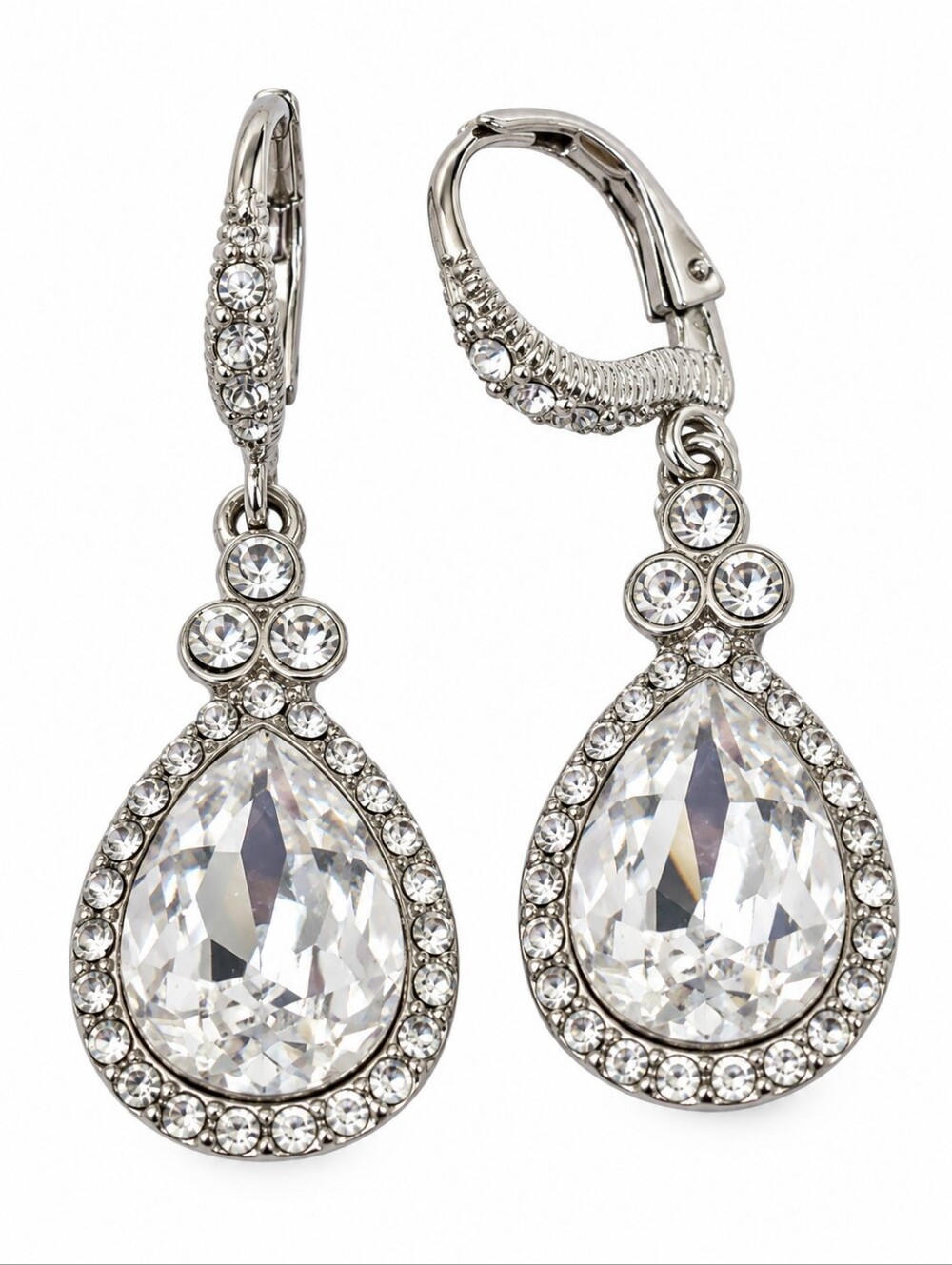 Givenchy Crystal Teardrop Halo Dangle Earrings Silver Tone Leverback 1.5"